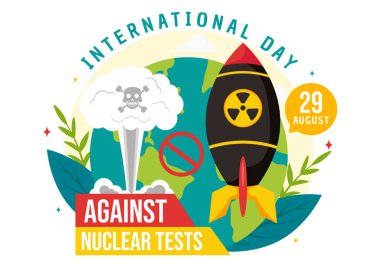 Nükleer Testlere Karşı Uluslararası Gün 29 Ağustos 'un Vektör İllüstrasyonu Bir Dünya, ve Düz Tarzlı Çizgi Film Arkaplanındaki Roket Bombası
