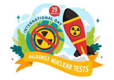 Nükleer Testlere Karşı Uluslararası Gün 29 Ağustos 'un Vektör İllüstrasyonu Bir Dünya, ve Düz Tarzlı Çizgi Film Arkaplanındaki Roket Bombası