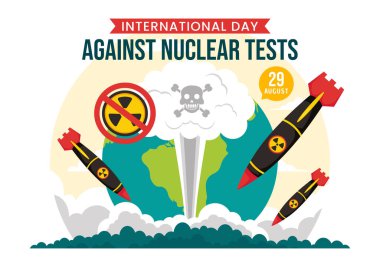 Nükleer Testlere Karşı Uluslararası Gün 29 Ağustos 'un Vektör İllüstrasyonu Bir Dünya, ve Düz Tarzlı Çizgi Film Arkaplanındaki Roket Bombası
