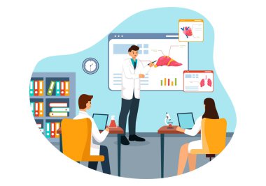 Düz Çizgi Film Biçiminde Sınıfta Ders Dinleyen ve Öğrenen Öğrencilerle Tıp Fakültesi Seçmen İllüstrasyonu