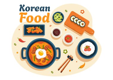 Düz Çizgi Film Biçiminde Değişik Geleneksel ve Lezzetli Ulusal Tabaklar Menüsü içeren Kore Yemek Vektörü Resimleri