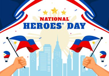 Filipinler Kahramanları Günü Vektör Resimleri 29 Ağustos 'ta Ulusal Bayram Kutlaması' nda Sallanan Bayrak ve Kurdele, Düz Çizgi Film Tarzı
