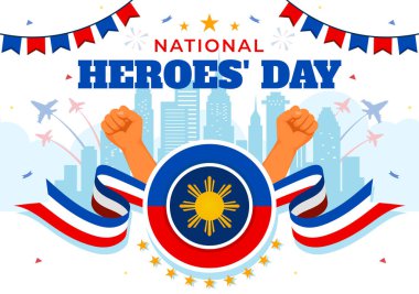 Filipinler Kahramanları Günü Vektör Resimleri 29 Ağustos 'ta Ulusal Bayram Kutlaması' nda Sallanan Bayrak ve Kurdele, Düz Çizgi Film Tarzı