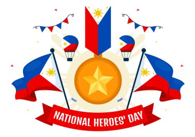 Filipinler Kahramanları Günü Vektör Resimleri 29 Ağustos 'ta Ulusal Bayram Kutlaması' nda Sallanan Bayrak ve Kurdele, Düz Çizgi Film Tarzı