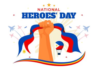 Filipinler Kahramanları Günü Vektör Resimleri 29 Ağustos 'ta Ulusal Bayram Kutlaması' nda Sallanan Bayrak ve Kurdele, Düz Çizgi Film Tarzı