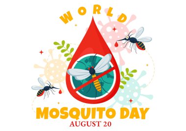 20 Ağustos 'ta Dünya Sivrisinek Günü Vektör İllüstrasyonunda Dang Ateşi ve Sıtmaya sebep olabilecek bir Midge Düz Çizgi Film Arkaplanında