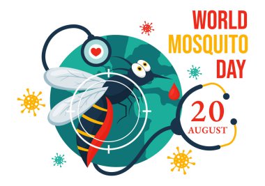 20 Ağustos 'ta Dünya Sivrisinek Günü Vektör İllüstrasyonunda Dang Ateşi ve Sıtmaya sebep olabilecek bir Midge Düz Çizgi Film Arkaplanında