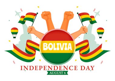 Bolivya Bağımsızlık Günü Vektör İlülasyonu 6 Ağustos 'ta Ulusal Bayram Düz Arkaplanda Sallanan Bayrak ve Kurdele ile