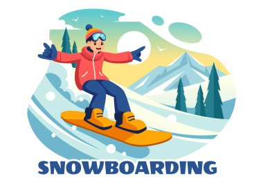 Snowboard Vektör İllüstrasyonu Kış boyunca Karlı Dağ yamacında Kayan ve Zıplayan İnsanların Düz Çizgi FilmleriName