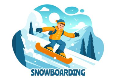 Snowboard Vektör İllüstrasyonu Kış boyunca Karlı Dağ yamacında Kayan ve Zıplayan İnsanların Düz Çizgi FilmleriName