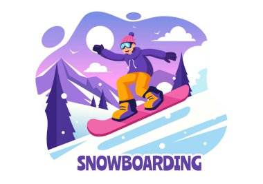 Snowboard Vektör İllüstrasyonu Kış boyunca Karlı Dağ yamacında Kayan ve Zıplayan İnsanların Düz Çizgi FilmleriName