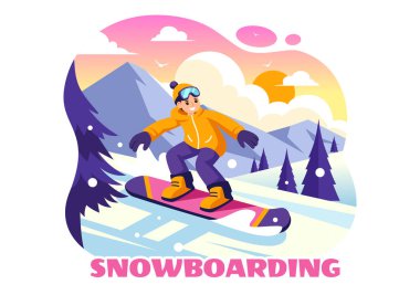 Snowboard Vektör İllüstrasyonu Kış boyunca Karlı Dağ yamacında Kayan ve Zıplayan İnsanların Düz Çizgi FilmleriName