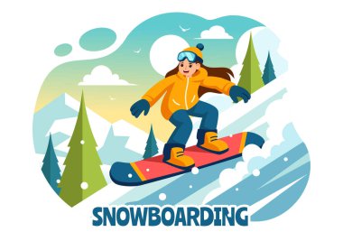 Snowboard Vektör İllüstrasyonu Kış boyunca Karlı Dağ yamacında Kayan ve Zıplayan İnsanların Düz Çizgi FilmleriName