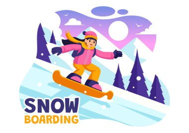 Snowboard Vektör İllüstrasyonu Kış boyunca Karlı Dağ yamacında Kayan ve Zıplayan İnsanların Düz Çizgi FilmleriName