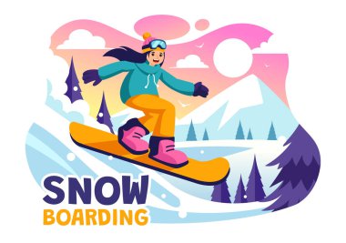Snowboard Vektör İllüstrasyonu Kış boyunca Karlı Dağ yamacında Kayan ve Zıplayan İnsanların Düz Çizgi FilmleriName