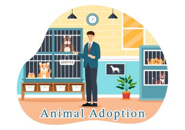 Bir Hayvan Evlat Edindirme Ajansı 'nın, Düz Çizgi Roman Arkaplanda Kedileri ve Köpekleri Olan Hayvan Barınağından Evcil Hayvan Edinme Kurumunun Vektör İllüstrasyonu