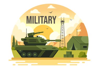 Askerler, Silahlar, Tanklar ve Düz Tarzlı Karikatür Arkaplanındaki Ağır Koruyucu Ekipmanların Askeri Güçlerin Vektör Resmedilmesi