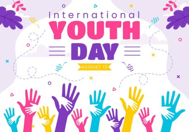 Genç Erkek ve Kızların Düz Tarzlı Çizgi Film Arkaplanında Birlikte Olduğu Uluslararası Gençlik Günü Vektör Resimleri