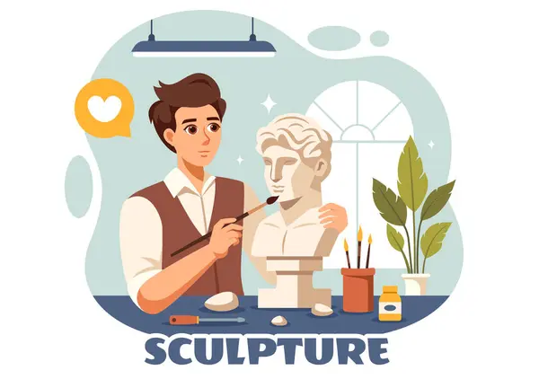 stock vector Stone Sculpture Vector Illustration featuring a Craftsman Carving a Rock Using Sculpting Tools in Flat Style Cartoon Background Design