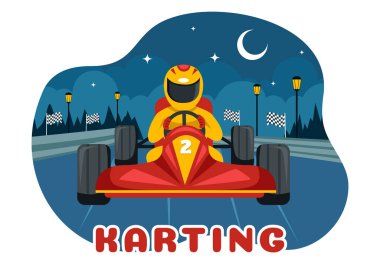 Bir Yarış Oyunu Go Kart ile Karting Sport 'un vektör çizimi veya Düz Stili Çizgi Film Tasarımı' nda küçük bir Pist üzerinde Mini Araba