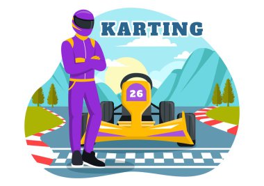 Bir Yarış Oyunu Go Kart ile Karting Sport 'un vektör çizimi veya Düz Stili Çizgi Film Tasarımı' nda küçük bir Pist üzerinde Mini Araba