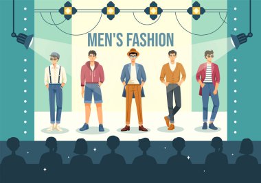 Erkekler Moda Gösterisi Vektör İllüstrasyonunda Erkek Modellerin Düz Çizgi Film Arkaplanındaki Moda Kıyafetlerinde Giysileri Göstermesi