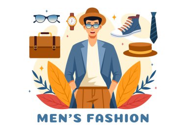 Erkekler Moda Gösterisi Vektör İllüstrasyonunda Erkek Modellerin Düz Çizgi Film Arkaplanındaki Moda Kıyafetlerinde Giysileri Göstermesi