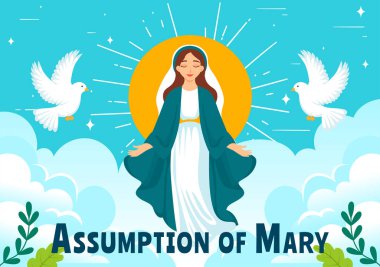 Assumption of Mary Christian Vector Illustration Featuring the Feast of the Blessed Virgin with Doves and Angels in Heaven in a Flat Background clipart