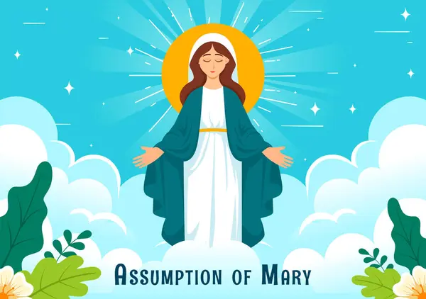 stock vector Assumption of Mary Christian Vector Illustration Featuring the Feast of the Blessed Virgin with Doves and Angels in Heaven in a Flat Background