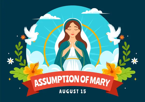 Stock vector Assumption of Mary Christian Vector Illustration Featuring the Feast of the Blessed Virgin with Doves and Angels in Heaven in a Flat Background