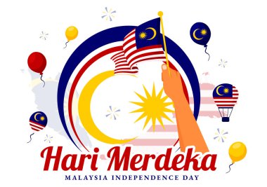 Ulusal Bayram Düz Arkaplanda Sallanan Bayrak ve Kurdeleyle 31 Ağustos 'ta Mutlu Malezya Bağımsızlık Günü Vektör İlülasyonu