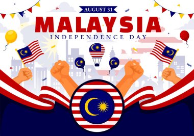 Ulusal Bayram Düz Arkaplanda Sallanan Bayrak ve Kurdeleyle 31 Ağustos 'ta Mutlu Malezya Bağımsızlık Günü Vektör İlülasyonu