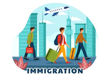 Göç Vektörü İllüstrasyonu, Belge Vize ve Pasaportlu İnsanların Düztabanlı Çizgi Film Arkaplanındaki Başka Bir Ülkeye Taşınma Hareketi