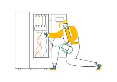Teknisyen Elektrik İşleri Kabinesi Ampul, Lamba ve Enerji Bakım Hizmetleri Paneli 'nin yer aldığı Işıklandırma ve Elektrik Vektörü İllüstrasyonu