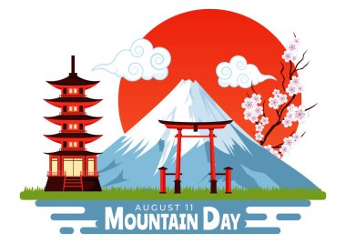 Japonya 'da Dağ Günü Vektör İllüstrasyonu 11 Ağustos' ta Fuji Dağı ve Sakura Çiçek Arkaplanı Düz Çizgi Film Biçimi Tasarımı