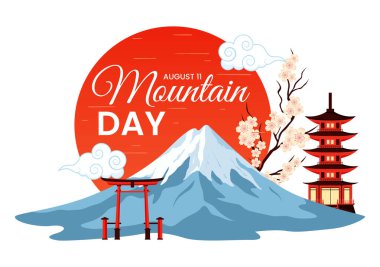 Japonya 'da Dağ Günü Vektör İllüstrasyonu 11 Ağustos' ta Fuji Dağı ve Sakura Çiçek Arkaplanı Düz Çizgi Film Biçimi Tasarımı