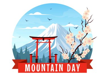 Japonya 'da Dağ Günü Vektör İllüstrasyonu 11 Ağustos' ta Fuji Dağı ve Sakura Çiçek Arkaplanı Düz Çizgi Film Biçimi Tasarımı