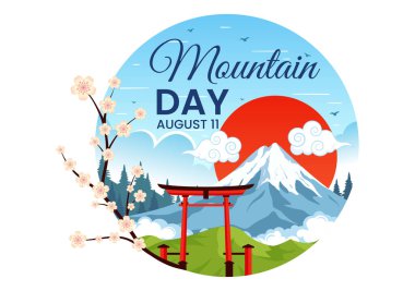Japonya 'da Dağ Günü Vektör İllüstrasyonu 11 Ağustos' ta Fuji Dağı ve Sakura Çiçek Arkaplanı Düz Çizgi Film Biçimi Tasarımı
