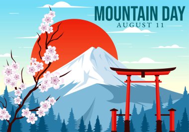 Japonya 'da Dağ Günü Vektör İllüstrasyonu 11 Ağustos' ta Fuji Dağı ve Sakura Çiçek Arkaplanı Düz Çizgi Film Biçimi Tasarımı