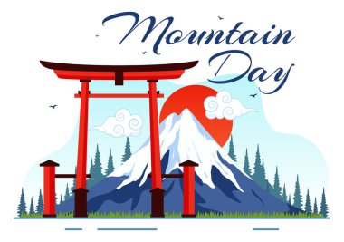 Japonya 'da Dağ Günü Vektör İllüstrasyonu 11 Ağustos' ta Fuji Dağı ve Sakura Çiçek Arkaplanı Düz Çizgi Film Biçimi Tasarımı