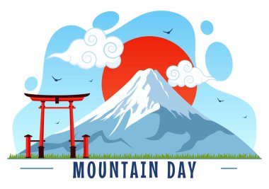 Japonya 'da Dağ Günü Vektör İllüstrasyonu 11 Ağustos' ta Fuji Dağı ve Sakura Çiçek Arkaplanı Düz Çizgi Film Biçimi Tasarımı