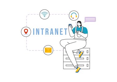 Gizli Şirket Bilgilerini ve Düz Çizgi Film Arkaplanındaki Web Sitesini Paylaşmak için İnternet Ağı Bağlantısı Teknoloji Vektör İllüstrasyonu