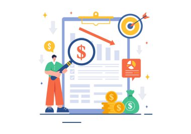 Düz Biçim Arkaplanındaki Maliyet Azaltma Vektörü Resimlendirmesi, Düşen Kâr Oranları, Düşen Karikatür Arkaplanı