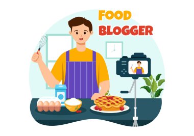 Flat Style Karikatür Arkaplanındaki Bir Restoranda Nüfuz Edici Eleştiri ve Paylaşımı içeren Gıda Blogcusu Vektörü İllüstrasyonu