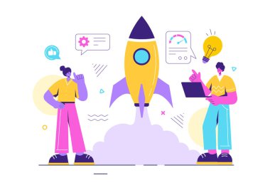 Bir Dijital Pazarlama Roketi, Şirket Kariyeri Geliştirme ve Kâr Artırma Başarısı ile İş Geliştirme Vektörü İllüstrasyonuName