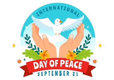 Düz bir Arkaplanda Refahı Desteklemek İçin Eller, Güvercin, Küre ve Mavi Gökyüzü ile Uluslararası Barış Günü Vektör İlülasyonu