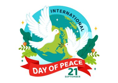 Düz bir Arkaplanda Refahı Desteklemek İçin Eller, Güvercin, Küre ve Mavi Gökyüzü ile Uluslararası Barış Günü Vektör İlülasyonu