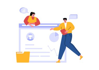 Çizelgeler, Muhasebe, Hesaplamalar ve Flat Karikatür Arkaplanı Analizleriyle İş Denetim Belgeleri Vektör İllüstrasyonu