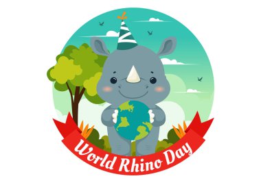 Dünya Gergedan Günü Vektör İllüstrasyonu 22 Eylül 'de Rhinos Aşıkları ve Savunucuları veya Düz Çizgi Filmdeki Hayvan Koruma Savunucuları için