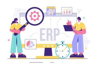 ERP Girişim Kaynak Planlama Sistemi İşletme Entegrasyonu, Üretim ve Şirket Geliştirme Arkaplanı İle Vektör İllüzyonu